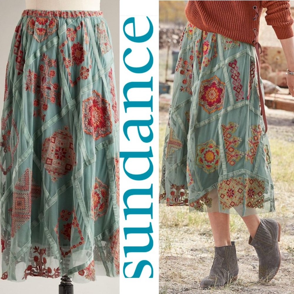Sundance Teal Midi Skirt with Red Embroidery